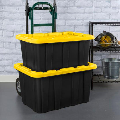 Sterilite 4-Pack 27 Gallon Industrial Storage Tote, Heavy-Duty Plastic Bins, Black/Yellow - Stackable Utility Organizers with Lids for Garage, Camping Tools, and Outdoor Gear