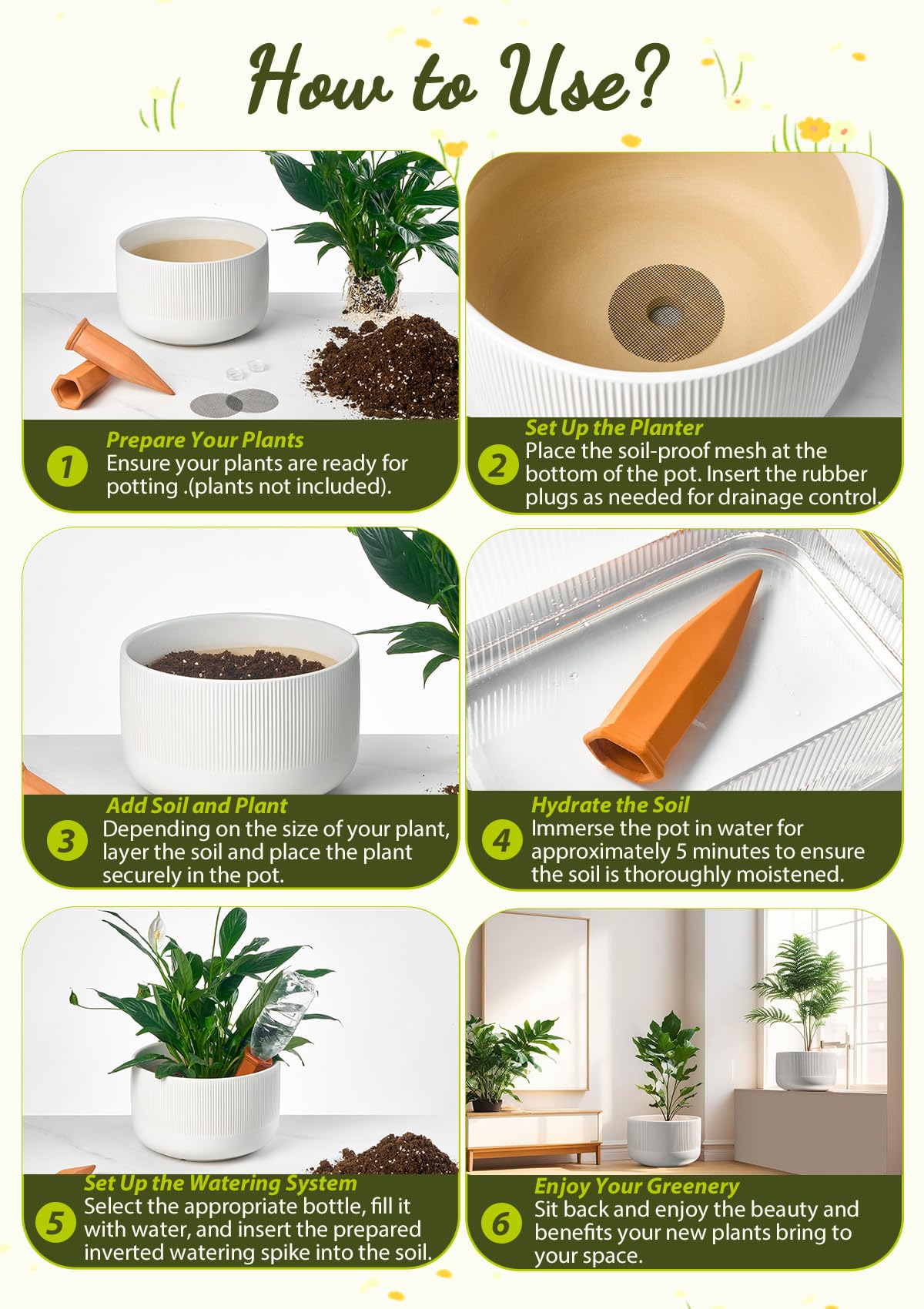 Jardin Tesoro Ceramic Planters - 10+12 Inch Large Pots for Indoor & Outdoor Plants, Modern Flower Pots with Drainage Holes and Self Watering Devices, House White Big Plant Pot, Set of 2
