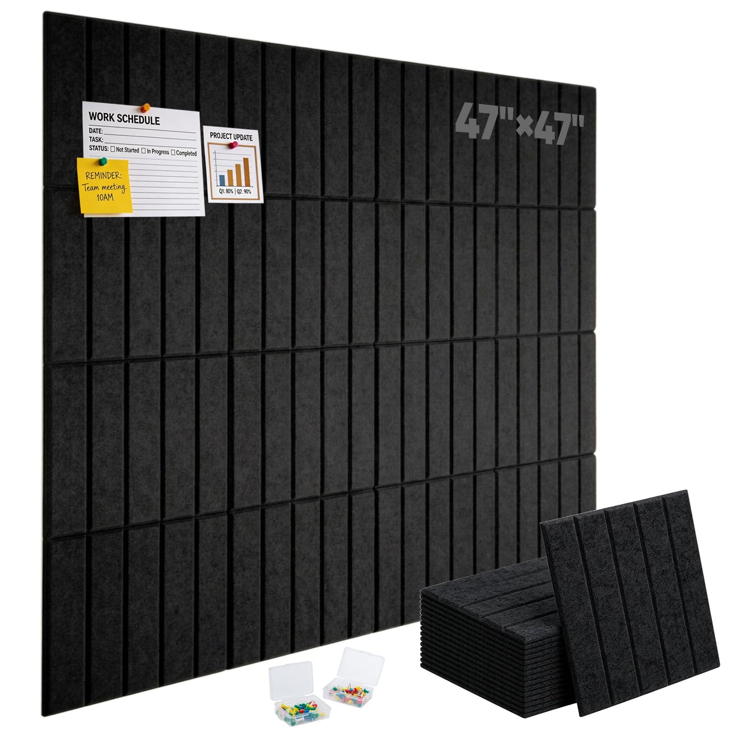 Corodo Large Cork Board Alternative - 48" x 48" Felt Bulletin Board with Pushpins & Adhesive Tabs, 16 Pack Tac Boards Tiles for Office Classroom Wall Decor, Wall Protector for Dart Board - Black