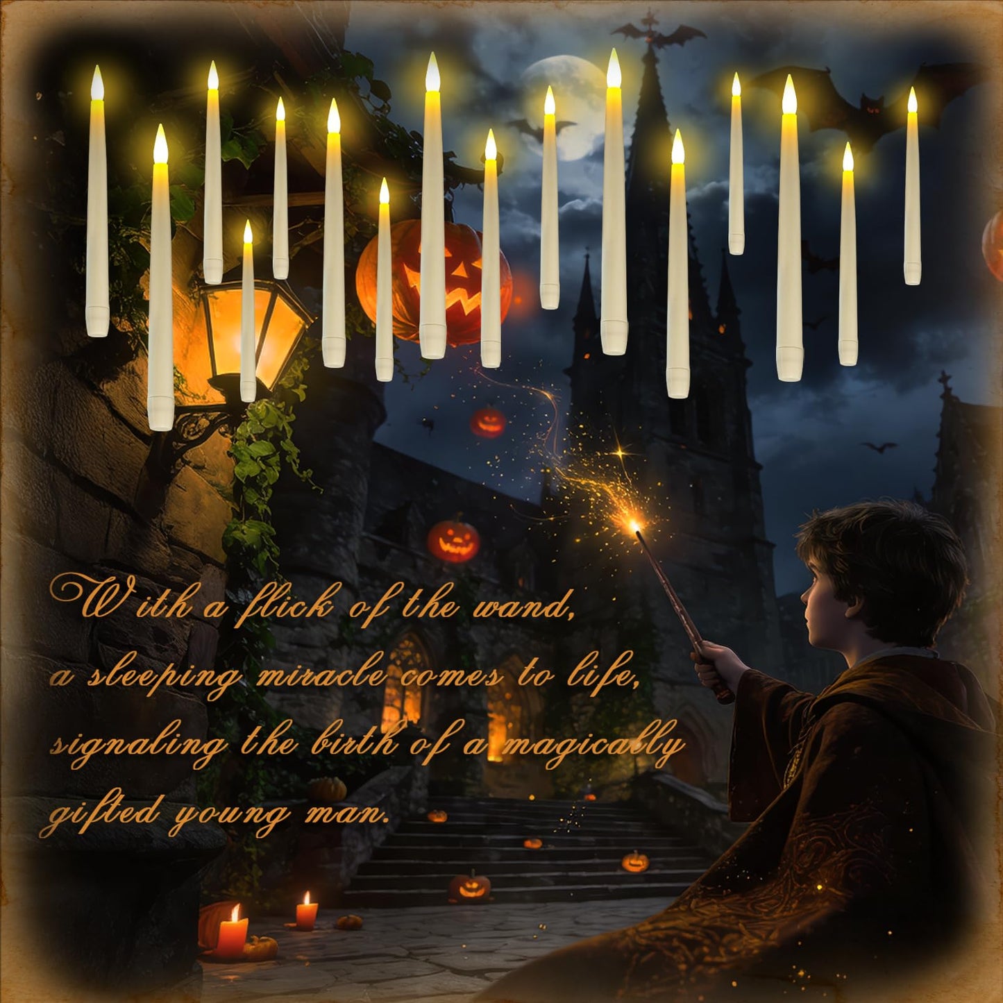 Homemory 20PCS Floating Candles with Wand Remote, Flameless Hanging Taper Candle with Flickering Warm Light, Battery Operated Magic Deco Candles for Halloween, Christmas, Birthday, Indoor Decor