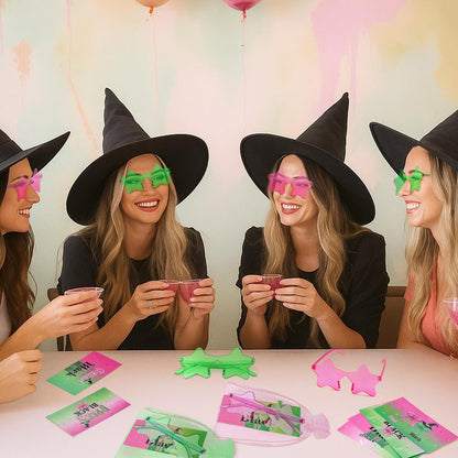 Tellegloww 24 Set Witch Party Favor Pink and Green Star Sunglasses Princess and Witch Cards Organza Bags Birthday Party Supplies Decorations