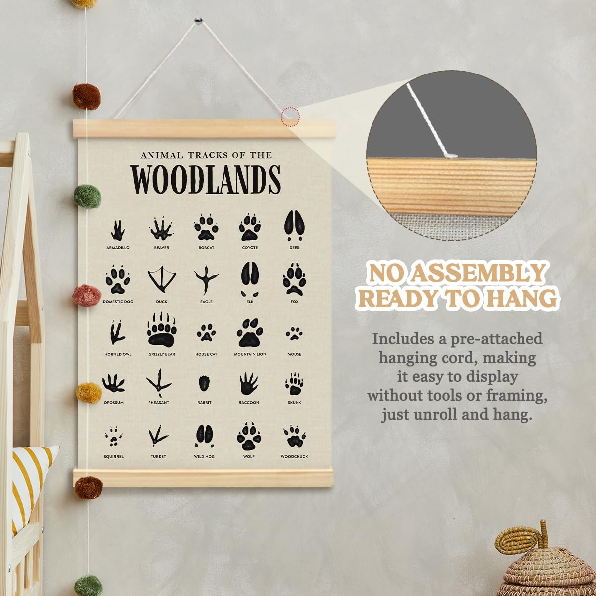 MOFUYU Woodland Tracks Wall Decor Canvas Hanging Banner, Nursery Decor Mountains, Woodland Nursery Poster Hanger Frame for Kids Room,Classroom,Playroom Cabin 12x16 Inch