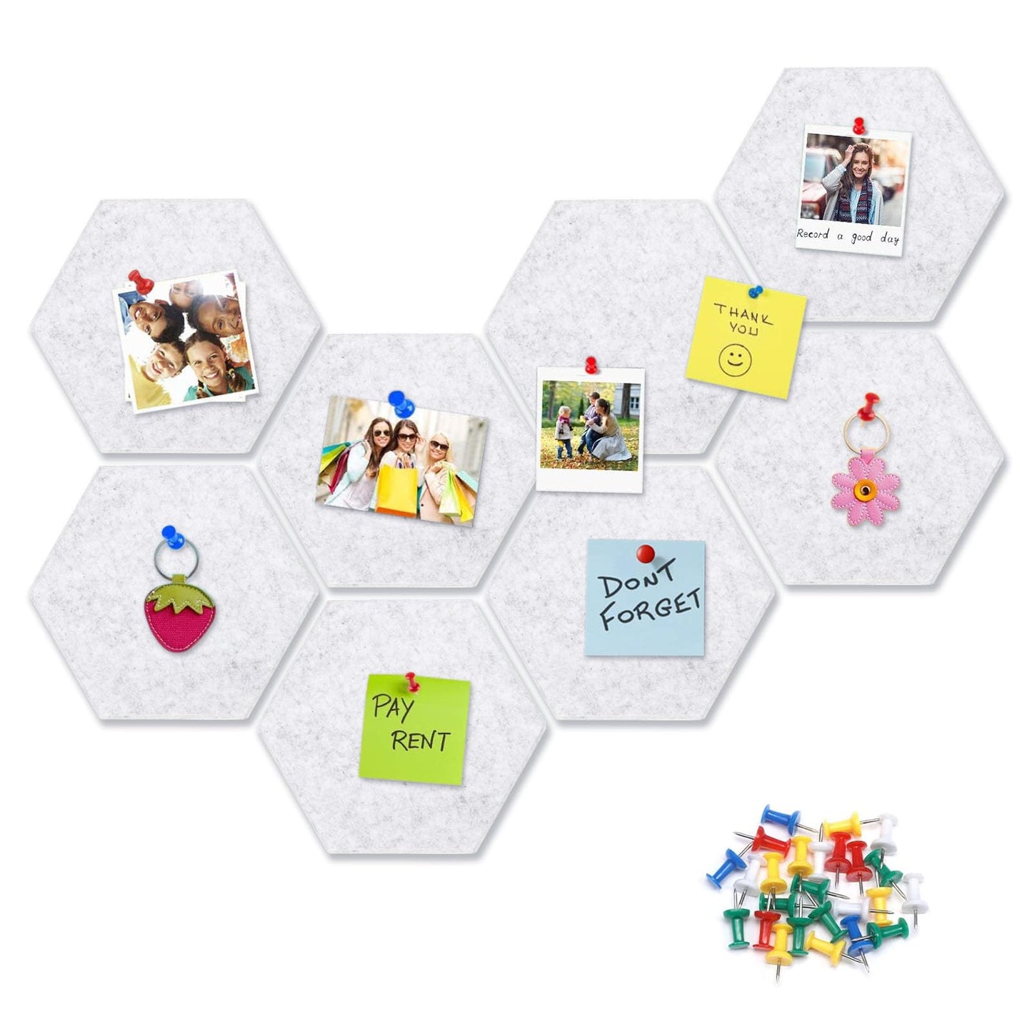 8 Packs Silver Grey Hexagon Felt Pin Board, 12" Bulletin Board with 30 Push Pins, Felt Board for Home Kitchen Office Decor, Self-Adhesive Corkboard Tiles for Walls Message Photos Memos Display