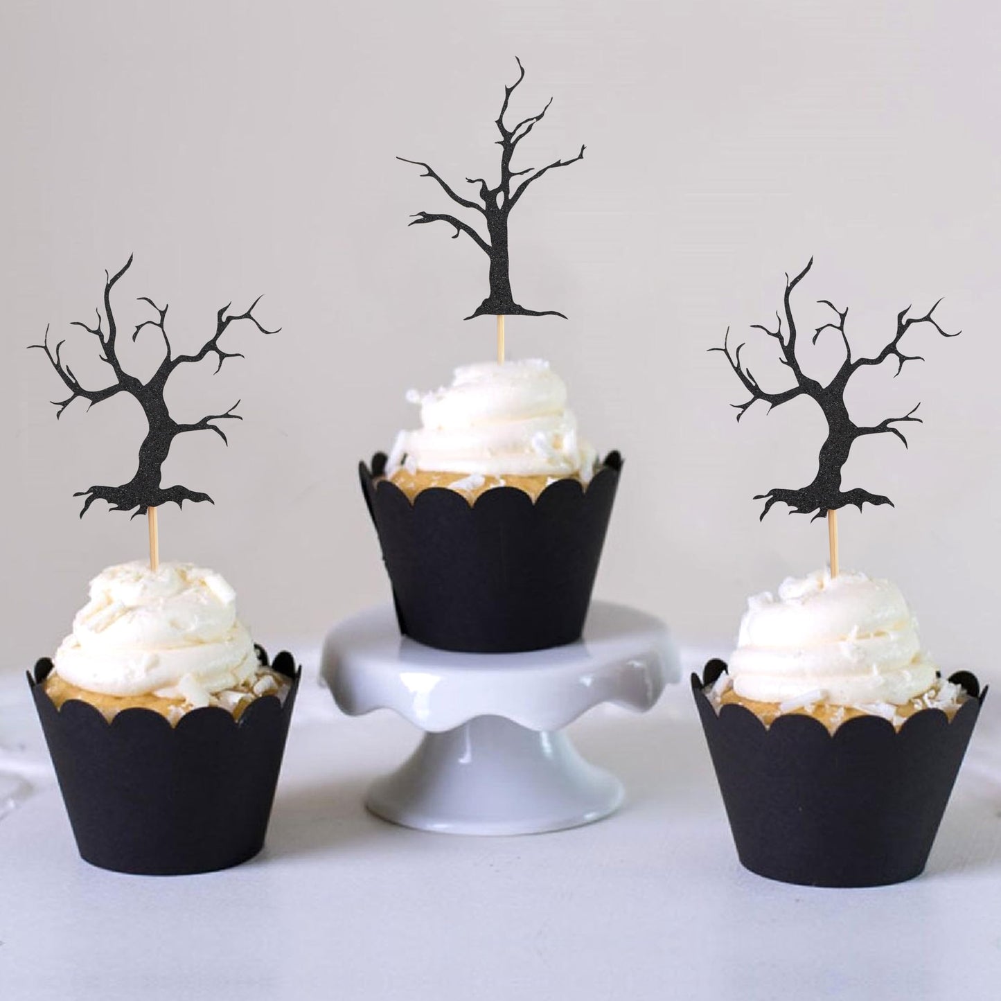 Haunted Forest Halloween Cupcake Topper - Haunted House Theme Baby Shower Party Decoration, Black Glitter Spooky Tree Cupcake Decoration, Halloween Birthday Party Supplies, Cake Smash Photo Props