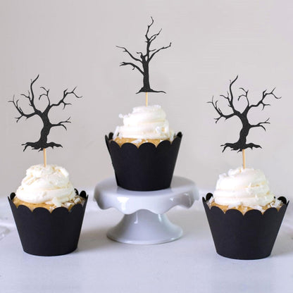 Haunted Forest Halloween Cupcake Topper - Haunted House Theme Baby Shower Party Decoration, Black Glitter Spooky Tree Cupcake Decoration, Halloween Birthday Party Supplies, Cake Smash Photo Props