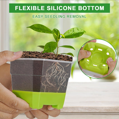 Aobiono 10 Packs 4 Inch Clear Nursery Pots with Reinforced Silicone Base for Easy Transplant, Reusable Seed Starter Seedling Small Plant Flower Pots with Drainage (Green, 10 Packs)