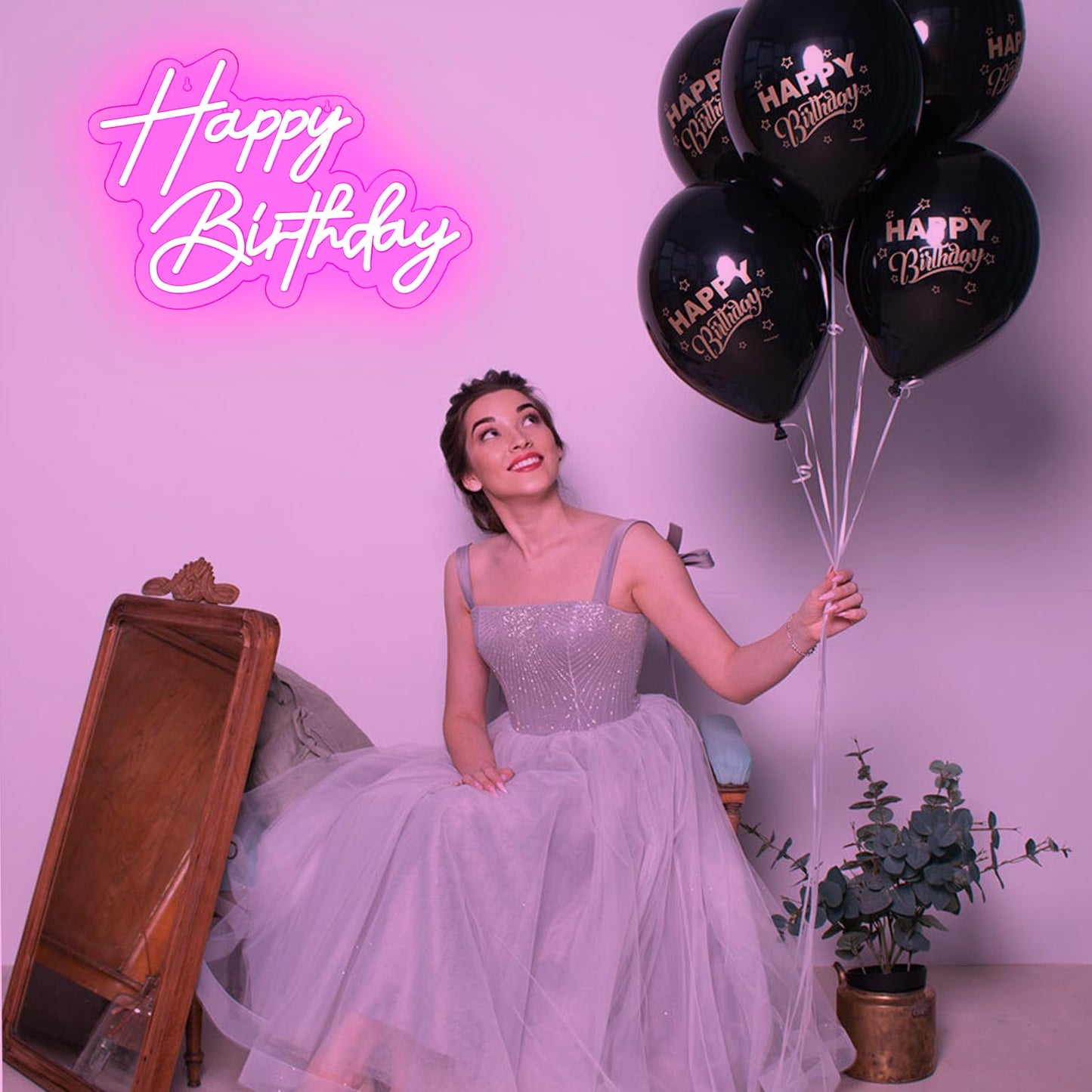 Happy Birthday Neon Sign for Wall Decor, Warm White LED Neon Light Signs, Art Decoration Happy Birthday Neon Light Sign for All Birthday Party Decoration with 2 Pcs Pasters (17×12 Inch)