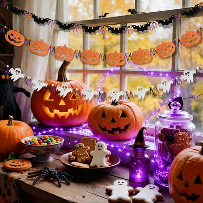 FuSenYuan Halloween Felt Garland Set of 3 (Pre-Strung) Ghost Bat Pumpkin Garland with Wooden Beads and Ribbons Felt Halloween Hanging Garland Banner for Party Mantle Home Wall Decor