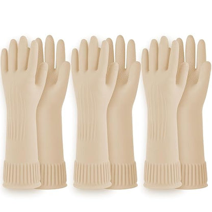 DABOGOSA Reusable Waterproof Household Dishwashing Cleaning Rubber Gloves, Non-Slip Kitchen Glove (Ivory, Medium (Pack of 3))