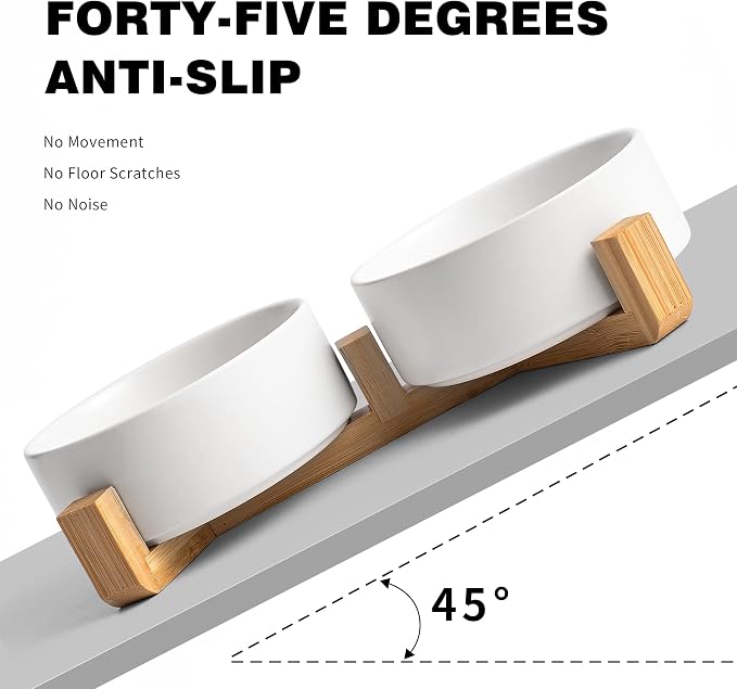 Mowtanco White Ceramic Dog & Cat Bowl Set – 13.5 OZ with Wooden Stand, Non-Slip, Elevated Design for Small Dogs & Cats – 2 Bowls (Food & Water, Ceramic Pet Bowls, Modern Dog Bowls)