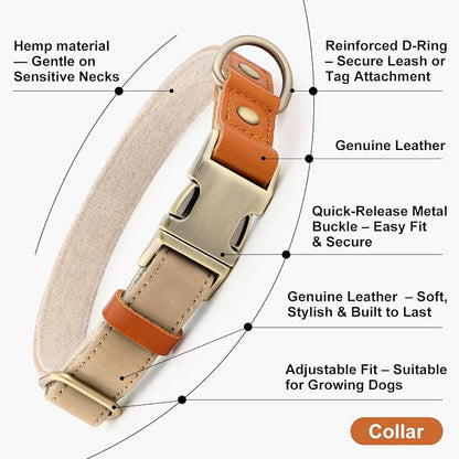 Plutus Pet Genuine Leather & Hemp Dog Collar – Adjustable Heavy Duty Pet Collar with Quick Release Metal Buckle, Soft & Stylish for Puppy and Small, Medium, Large Dogs (Beige, L)