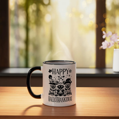 Happy Hallothanksmas Halloween Thanksgiving Christmas Cats Ceramic Mug, Black/White