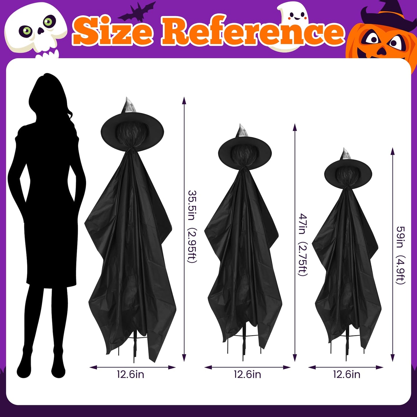 Halloween Witch Outdoor Decorations Set of 3, 3FT 4FT 5FT Yard Lawn Garden Props with Stakes, Witch Halloween Decor for Outside, Garden, Lawn, Entryways