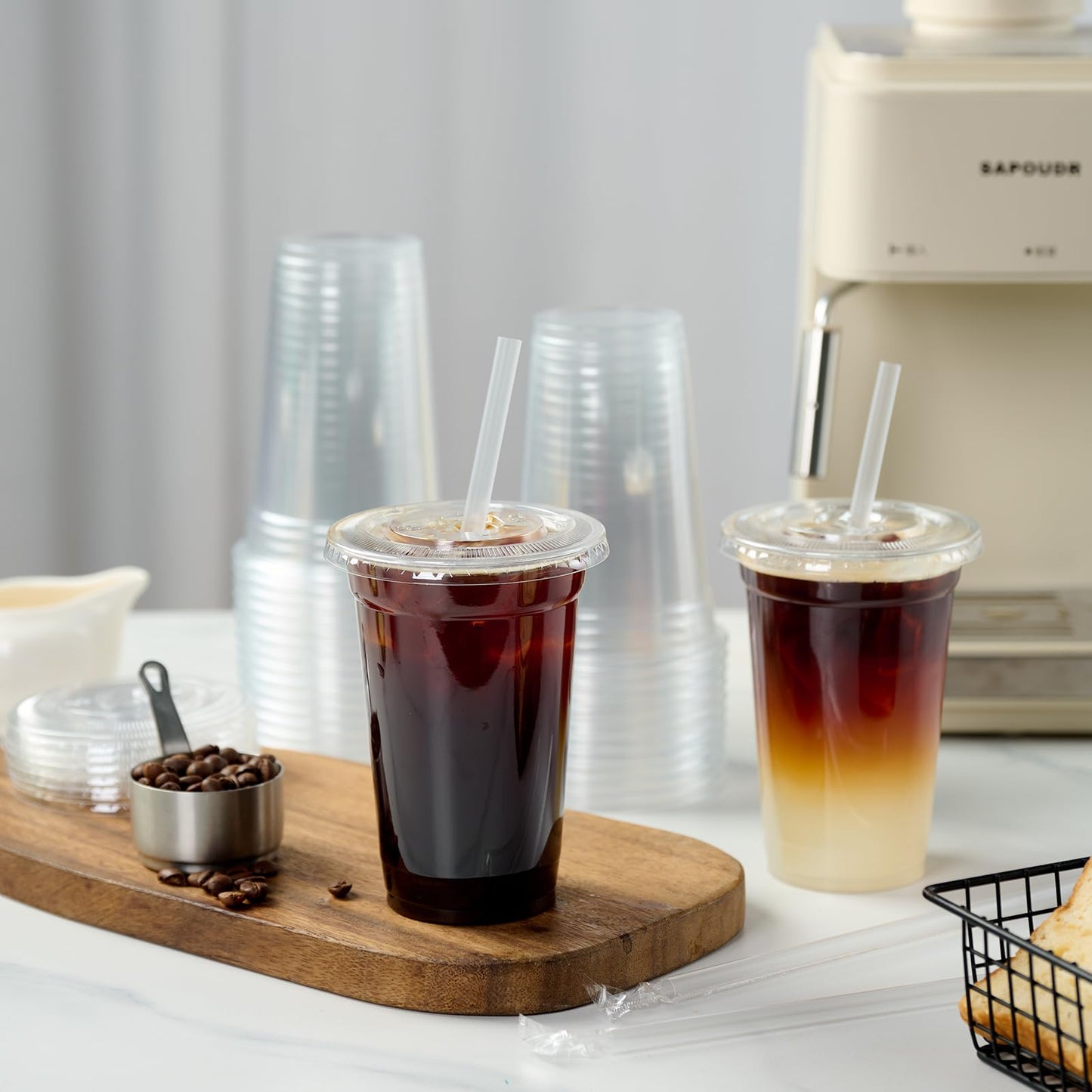 Turbo Bee 200 Sets 16 OZ Clear Plastic Cups with Lids and Straws, Disposable To Go Iced coffee cups with lids for Cold Drinks, Smoothie, and Slushie