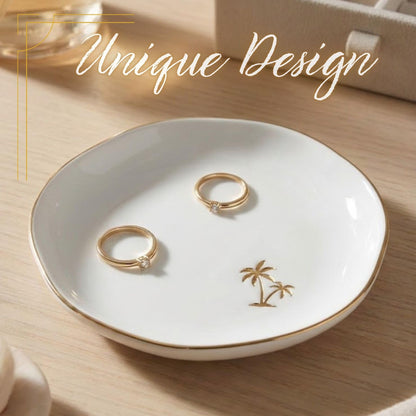 InnoBeta Palm Tree Gifts, Beach Themed Gifts - 4.75" Handcrafted Ceramic Ring Dish with Gold Trim, Decorative Trinket Dish for Rings Earrings