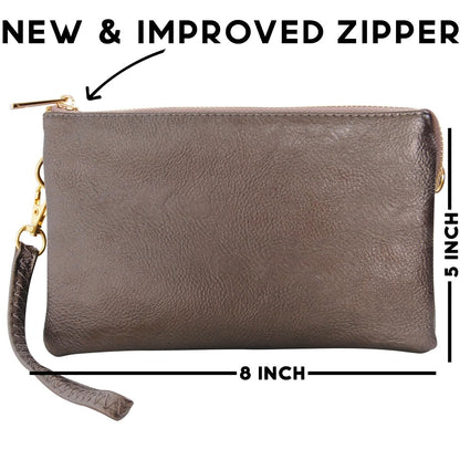 Clutch Purse Wristlets for Women - Dark Silver Vegan Leather Clutch Purses for Women, Metallic Gunmetal Crossbody Small Wristlet Wallets, Bronze Crossbody Handbag, Vegan Leather Bag with Wrist Strap