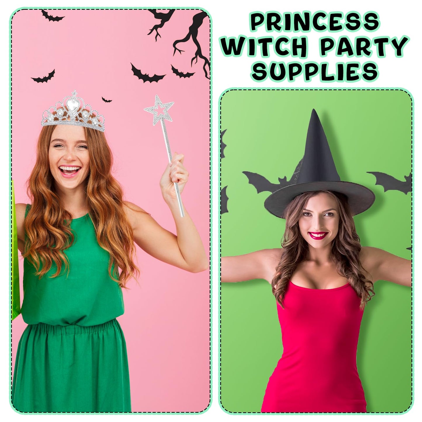 Yoloodayy 24 Pcs Witch Hats Brooms and Princess Crowns Star Wands Set Glitter Princess Accessories for Adults Witch Party Supplies Christmas Pink Green Party Decor Photo Props
