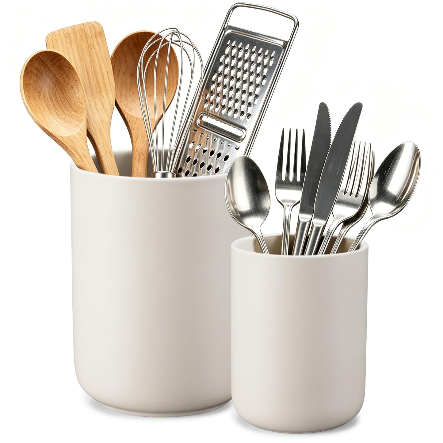 hengshukeji Kitchen Utensil Holder, 6.3"+5.3" Ceramic Kitchen Utensil Holder for Countertop, Large Cooking Utensil Crock for Kitchen Counter, Set of 2, for Spoons, Spatulas, Utensils (White Set)