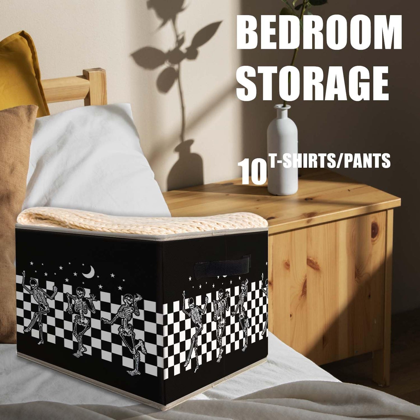 Likjad Halloween Gothic Skeleton Storage Bins Basket, Black and White Checkered Funny Gothic Collapsible Fabric Storage Box Organizer Toybox for Bedroom Bathroom Clothes Books Toys
