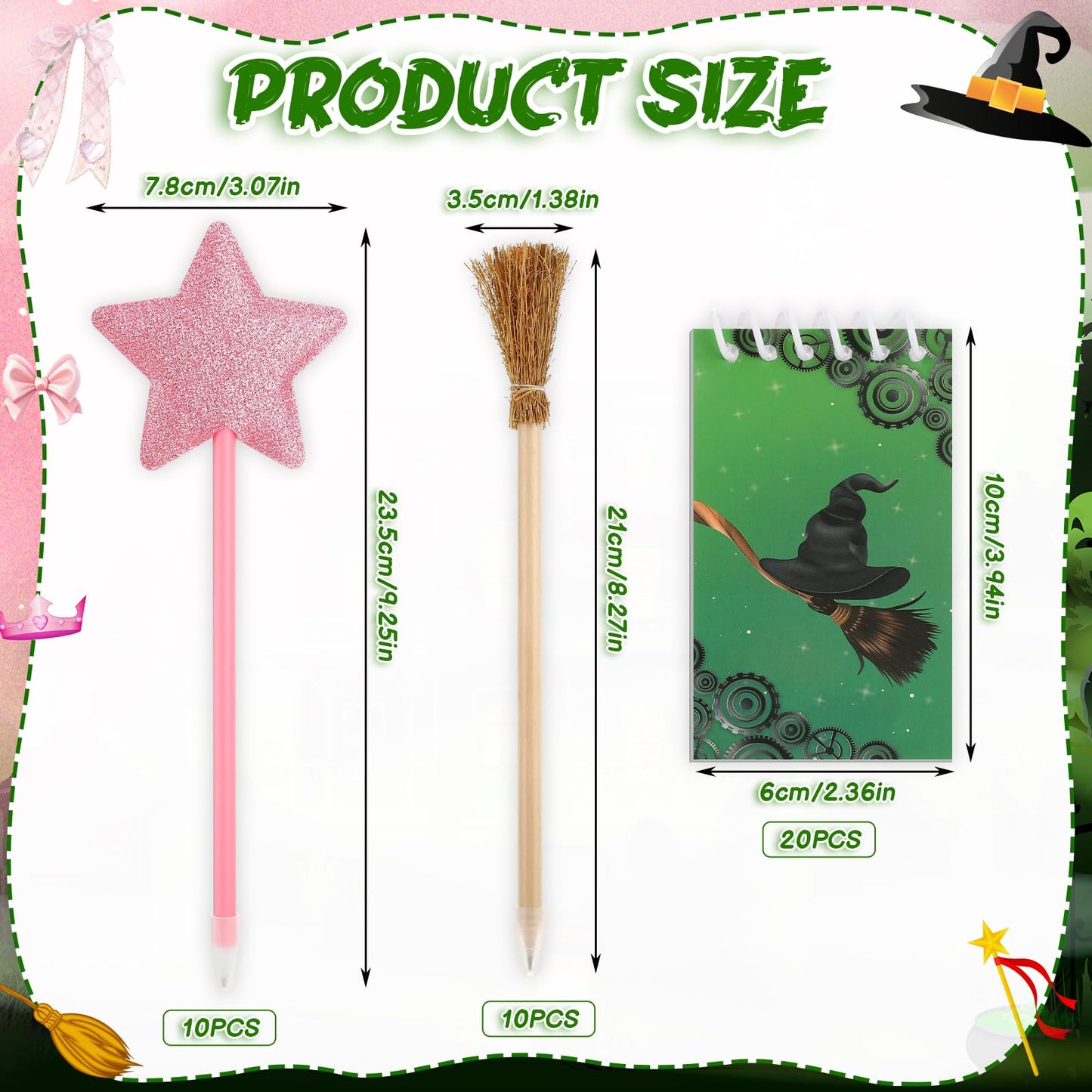 libfrnt 40 Pcs Princess and Witch Party Favors Include 10 Witch Broom Pencils 10 Pink Star Ballpoints 20 Mini Notebooks for Wizard Birthday Witch Halloween Party Supplies