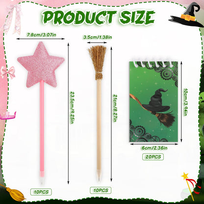 libfrnt 40 Pcs Princess and Witch Party Favors Include 10 Witch Broom Pencils 10 Pink Star Ballpoints 20 Mini Notebooks for Wizard Birthday Witch Halloween Party Supplies