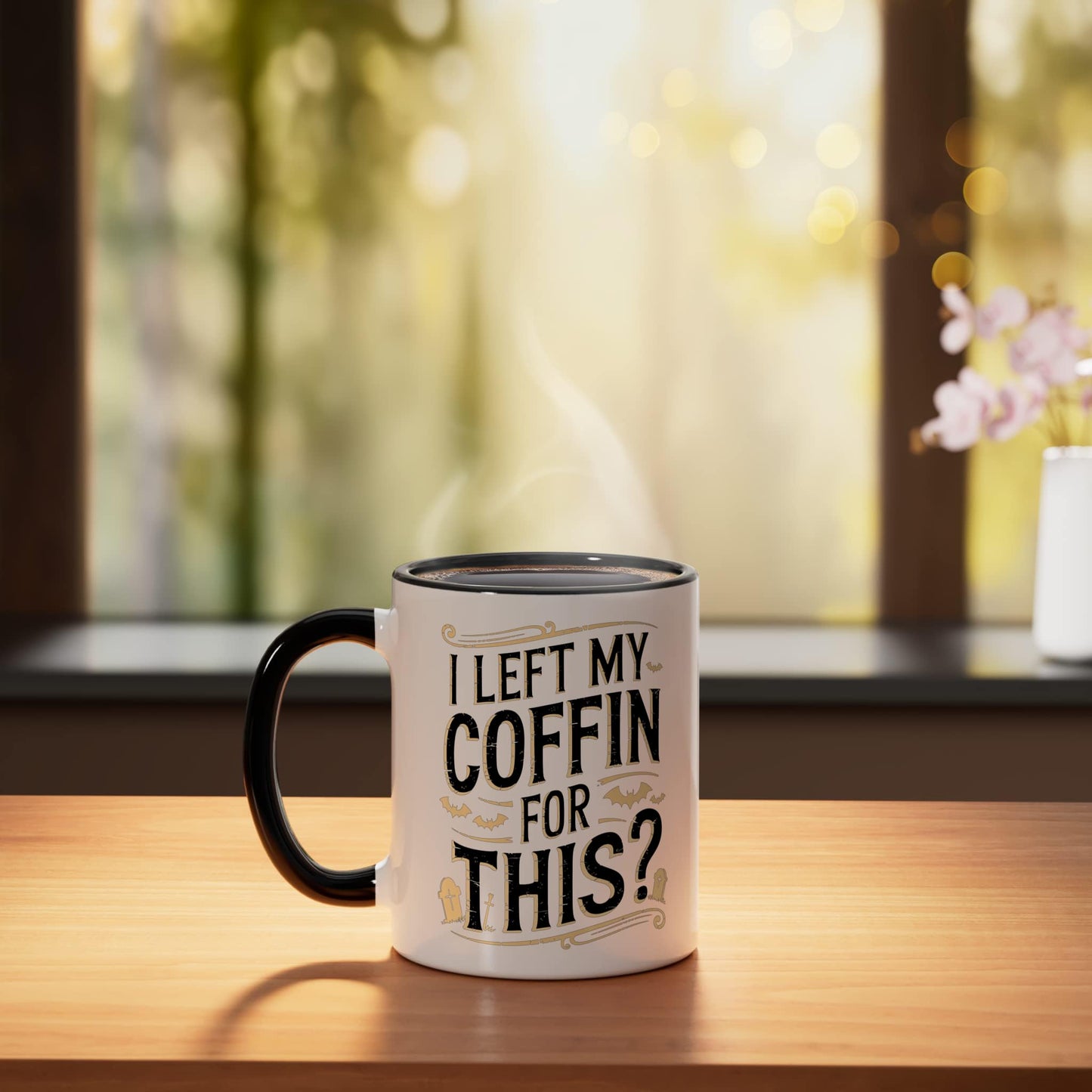 I Left My Coffin For This? Ceramic Mug, Black/White