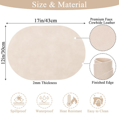 SHACOS Faux Leather Oval Placemats Set of 6 Waterproof Heat Resistant Washable Wipeable Place Mats Solid Table Mats for Kitchen Dining Room Decor, White Oak Beige