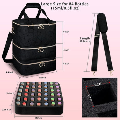 Yttriuny Nail Polish Organizer Holds 84 Bottles (15ml/0.5fl.Oz) + UV Lamp & Manicure Tools, 3-Layer Detachable PU Leather Nail Kit Storage Bag,Large Travel Shoulder Bag for Nail Supplies – Black