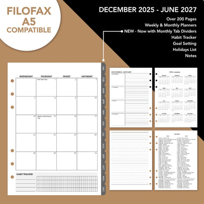 Wanderings A5 Leather Binder Planner - Refillable 6 Ring Journal with Inner Pockets - Hand-Crafted Genuine Leather Organizer- Filofax Compatible. 2026/27 Monthly Weekly Calendar with Notes - 6" x 8.5"