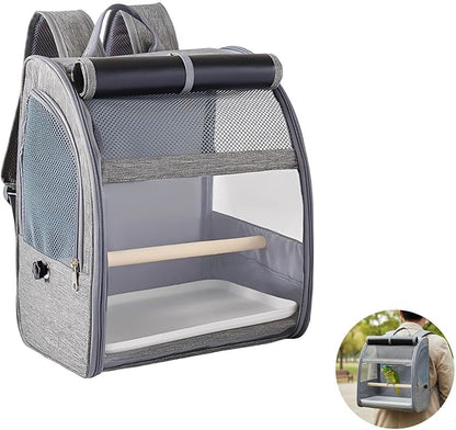 Breathable Bird Backpack Carrier, Gray Pet Travel Cage with Mesh Window, Portable Parrot Backpack for Cockatiel, Pigeons, Includes Removable Perch & Tray, 12.2 X 9.6 X 15 in