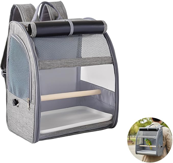 Bosreroy Bird Backpack Carrier, Gray Pet Travel Cage with Mesh Window, Large Space for Parrots Cockatiels Pigeons, Portable with Removable Perch and Tray 12.2 X 9.6 X 15 in