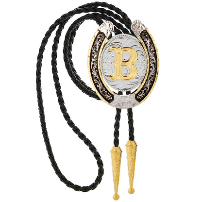 HUABOLA CALYN Gold Bolo Tie for Men- Golden Initial Letter ABCDMJR to Z Native American Western Cowboy Bolo Tie Leather Necklace Necktie Accessories for Women (B)