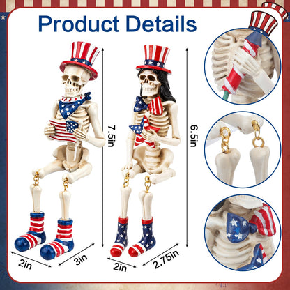 Soulchen 3 Pcs 4th of July Decorations Patriotic Skeleton Table Decor Skeleton Figurines Blue Red White American Flag Tabletop Decor for 250th Independence Day, Home Office Indoor Outdoor Party