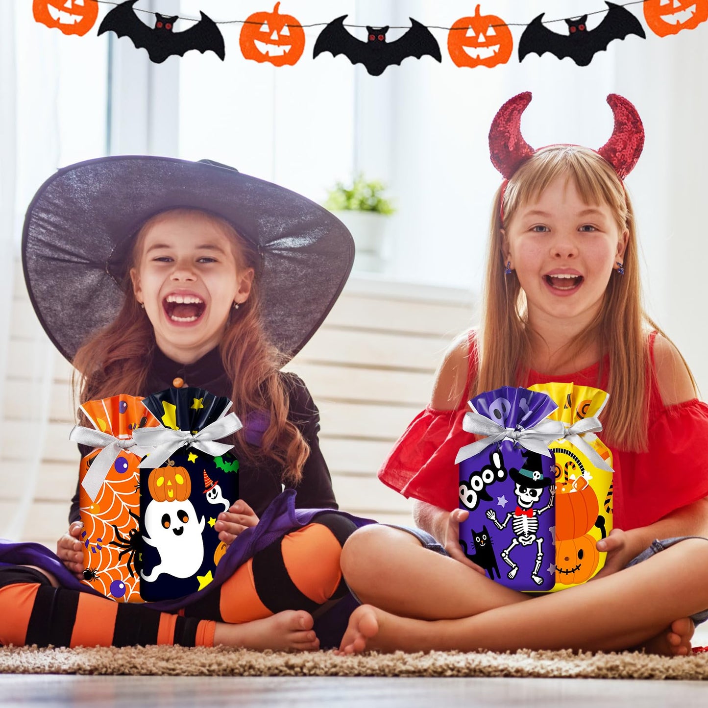 Aliceset 50 Pcs Small Halloween Drawstring Treat Goodie Bags - Plastic Spider Ghost Skeleton Gift Bags for Halloween Birthday Party Favors