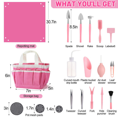 44pcs Small Gardening Tools Gifts for Women Beginners - Garden Hand Tools Set for Indoor Succulent Bonsai Plants Transplanting, Included Bag/Repotting Mat/Shovel/Labels, Pink