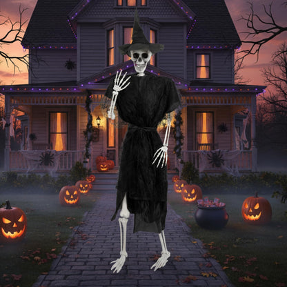 HunnmingRe 1 Set 5.4 ft Halloween Skeleton Decorations Outdoor Posable Life Size Skeleton with Costume Clothing Set and Movable Joints for Halloween Party Yard Haunted House Prop Decor (Witch)