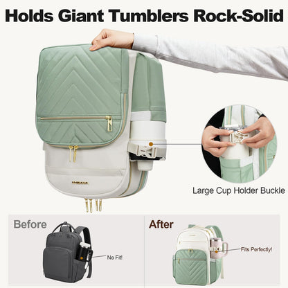 VANKEAN Laptop Backpack for Women with Pouch Pocket for Large Capacity Tumbler, 15.6 Inch Laptop Computer Bag Travel Backpack Purse,Waterproof Work Business College Teacher Bags, Beige-Light Green