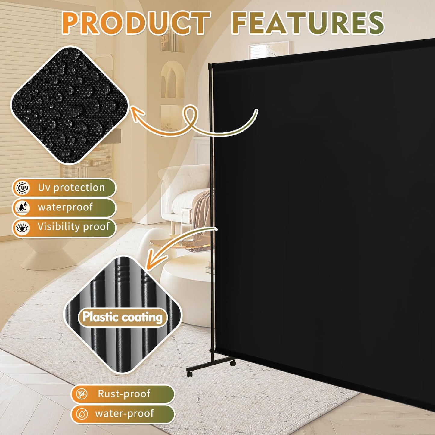 YSEJOMP Room Divider Screen 72"x72" with Lockable Caster Wheels, Privacy Panel for Home, Office, or Classroom, Easy to Move and Secure with Brake,Height Adjustable (Black, 72 X 72 Inches)