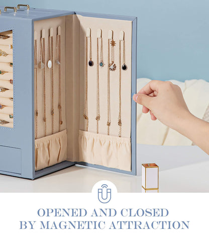 Homde Jewelry Organizer with Transparent Window Necklace Hooks Gift for Women Jewelry Box Display Case for Necklaces Rings Earrings Bracelets and Other Accessories (Grey Blue)