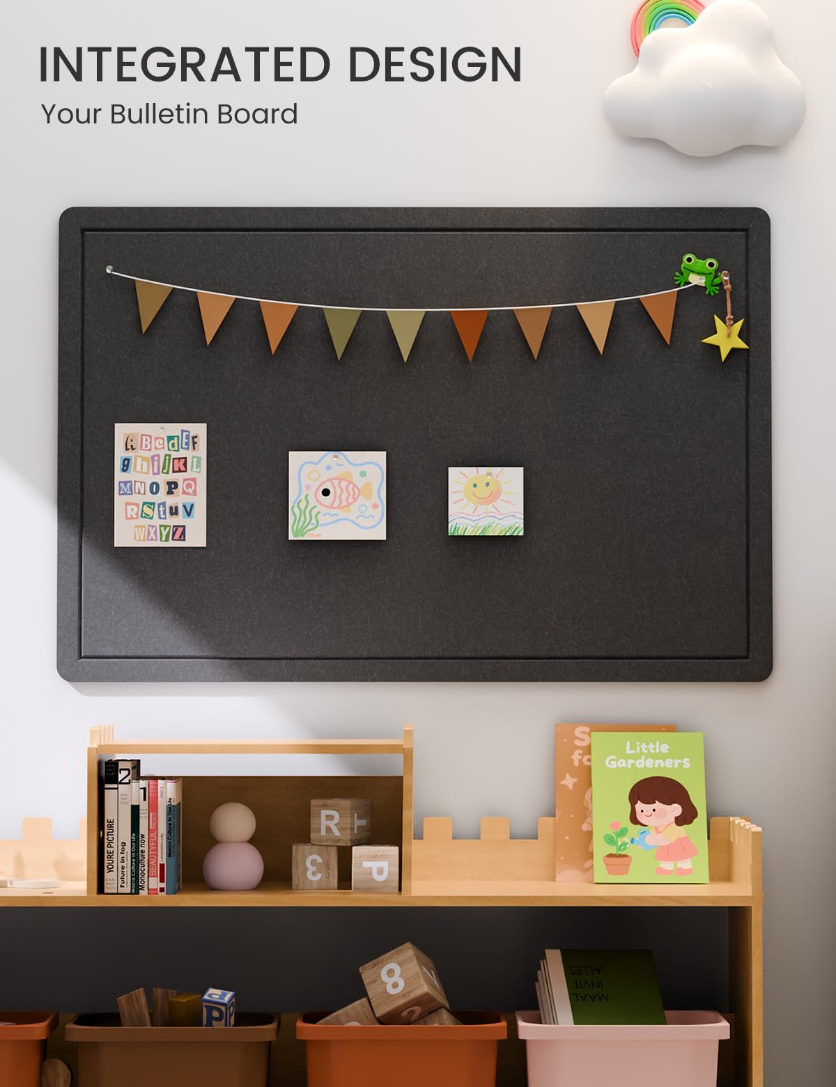 Fluxynara Bulletin Board,35.4" x 23.6" Cork Board Alternative with 12 Safe Removable Adhesive Tabs, Foldable Felt Pin Board for Home Office, Classroom, Bedroom,Entryway for Walls—Black