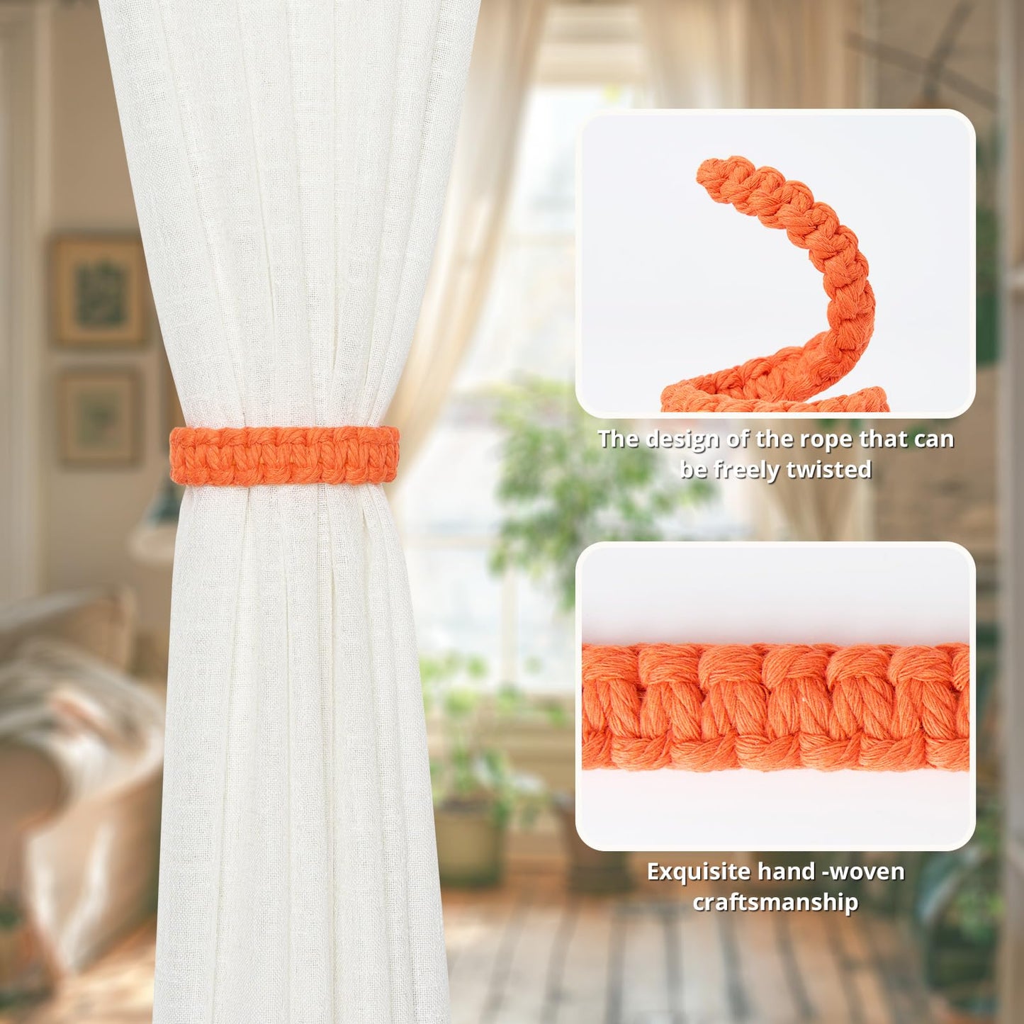 NICEEC 4 Pack Natural Cotton Rope Curtain Tiebacks Farmhouse Rustic Style Decorative Drape Tie Backs Handmade Braided Curtain Holdbacks for Home & Office Sheer/Light Weight Drapery (C-Orange-S)