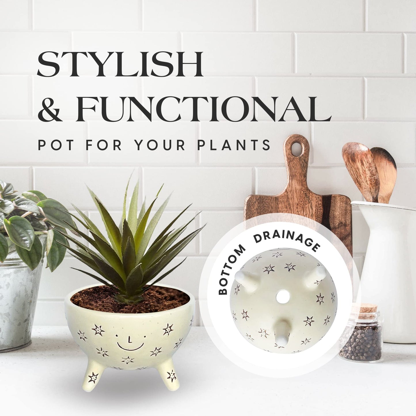 SLS SUPPLY FLORA Facepot Ceramic Planter with a Smiling Face, Succulent and Flower Pot for Home and Office, Cute Plant Vase for Indoor Gardening, 5.63 (W) x 3.75 (H) inches