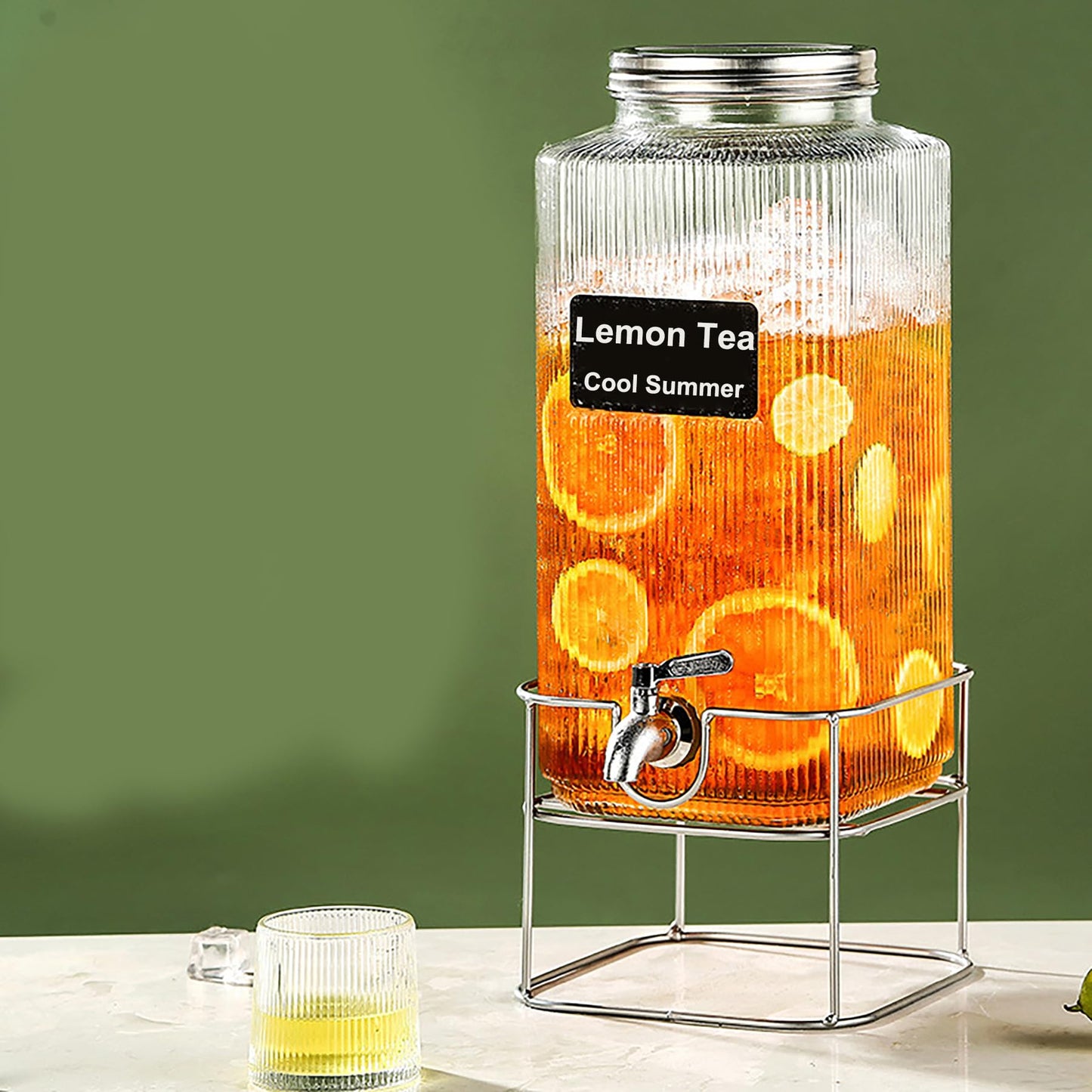 Lulonpon 6L(1.6 Gallon) Glass Drink Dispenser, Beverage Dispenser with Stainless Tap, Glass Water Juice Dispensers with Metal Stand, Water Jug with Tap Perfect for Parties,Weddings,Birthdays