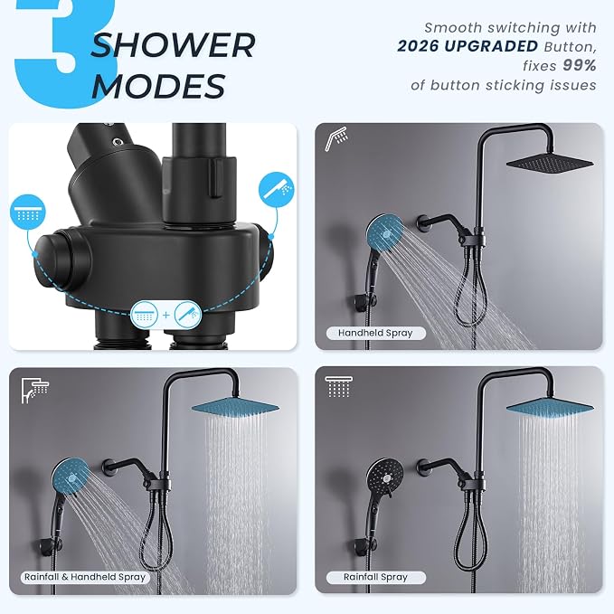 Ryamen Dual Shower Head Combo, 8'' High Pressure Rain Shower Head with Handheld Spray, 6+1 Spray Settings Handheld Showerhead, Height Adjustable, One-touch Pause Button, Matte Black