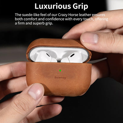 Belemay for AirPods Pro (2nd Generation) Case – Premium Crazy Horse Leather - Rich Patina- Secure Grip - Compatible with MagSafe and Wireless Charging - Compatible with Airpods Pro 2 Case - Tan
