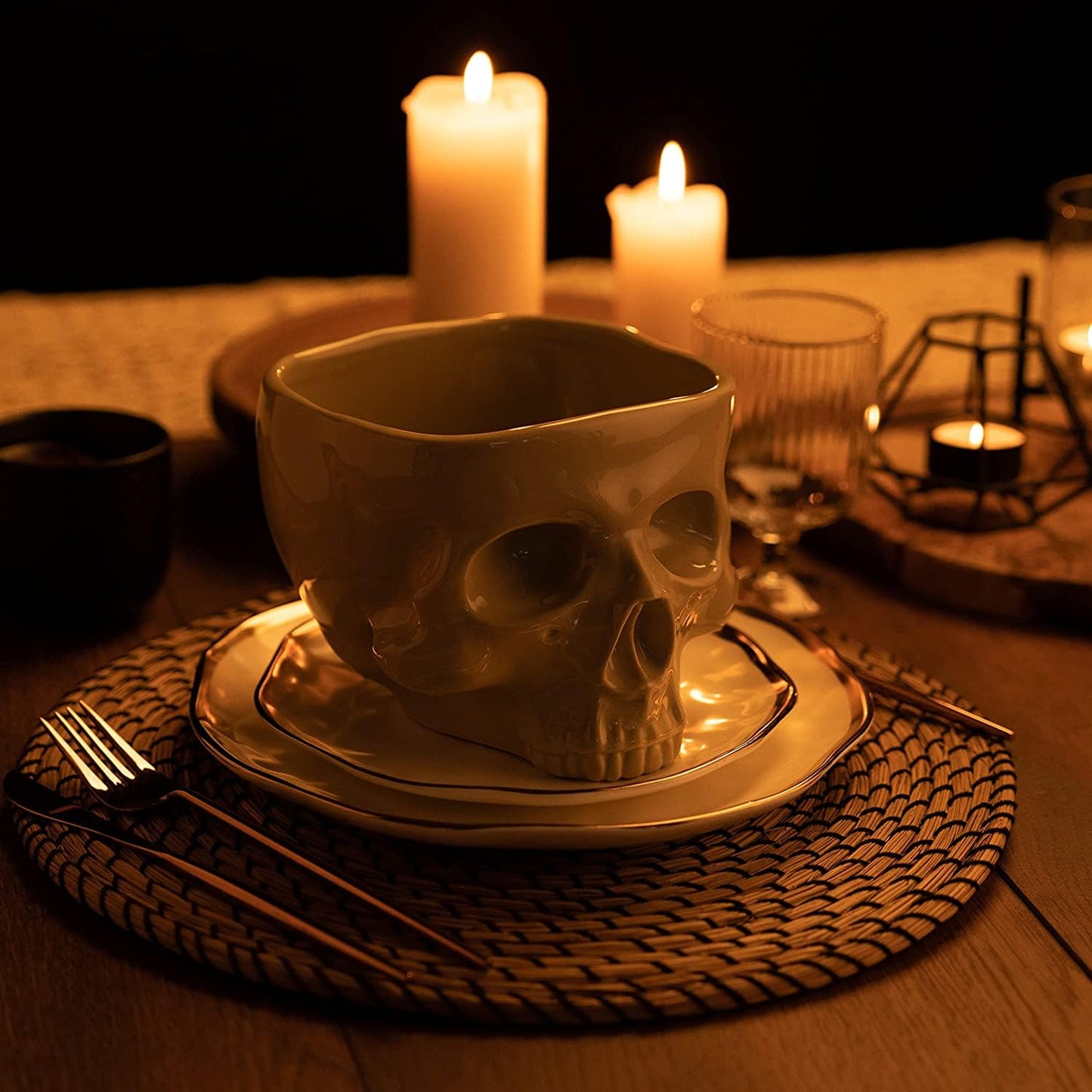 Fecheche Food Safe Skull Bowl for Eating, Ceramic Skull Shaped Bowl for Cereal Pasta & Ice Cream, Gothic Tabletop Skeleton Head Shaped Decor (big)