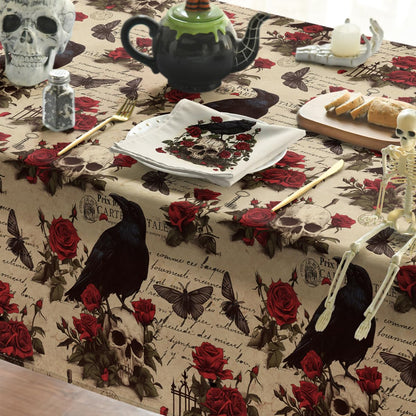 Horaldaily Halloween Tablecloth 70×70 Inch Round, Crow Skeleton Roses Washable Table Cover for Party Picnic Dinner Decor