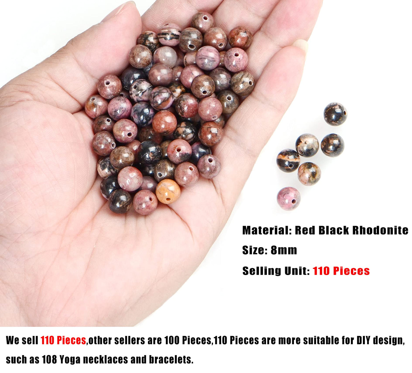 AD Beads 8mm Natural Round Loose Beads 110 Pieces, for Making 108 Mala Prayer Beads Necklace, Bracelet & Yoga Meditation, Jewelry Design (Red Black Rhodonite)