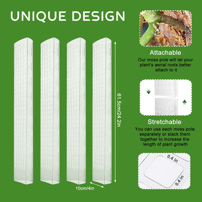 4 Pack 24 Inch D-Shaped Clear Plastic Moss Pole for Plants Monstera, Stackable Climbing Plant Support for Monstera, Pothos, Philodendron, Open Design for Sphagnum Moss