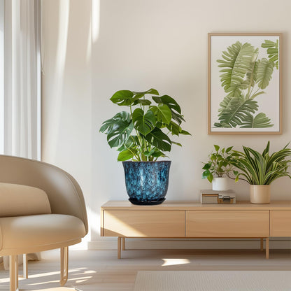 SUNPOTFOR 8 Inch Plant Pot - Ceramic Planter for Indoor Outdoor, Round Planter with Drainage Hole and Saucer, Modern Planters, Flower Pots, Apartment Porch Room Home Decor, Gardening Gifts, Blue